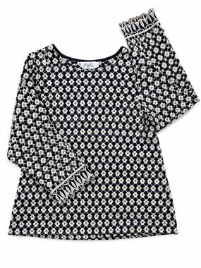 Berthie Navy Cream Floral Embroidered Blouse Scalloped Sleeve Top